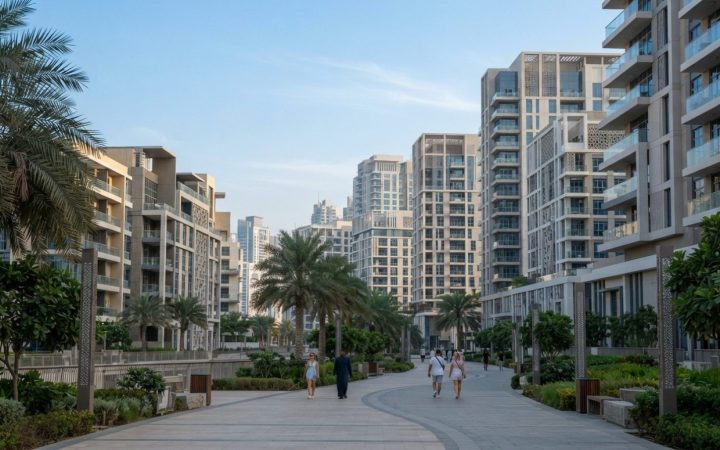 Illustration: Contemporary residential apartment buildings and pedestrian walkways under clear blue sky in a modern master-planned urban district in t