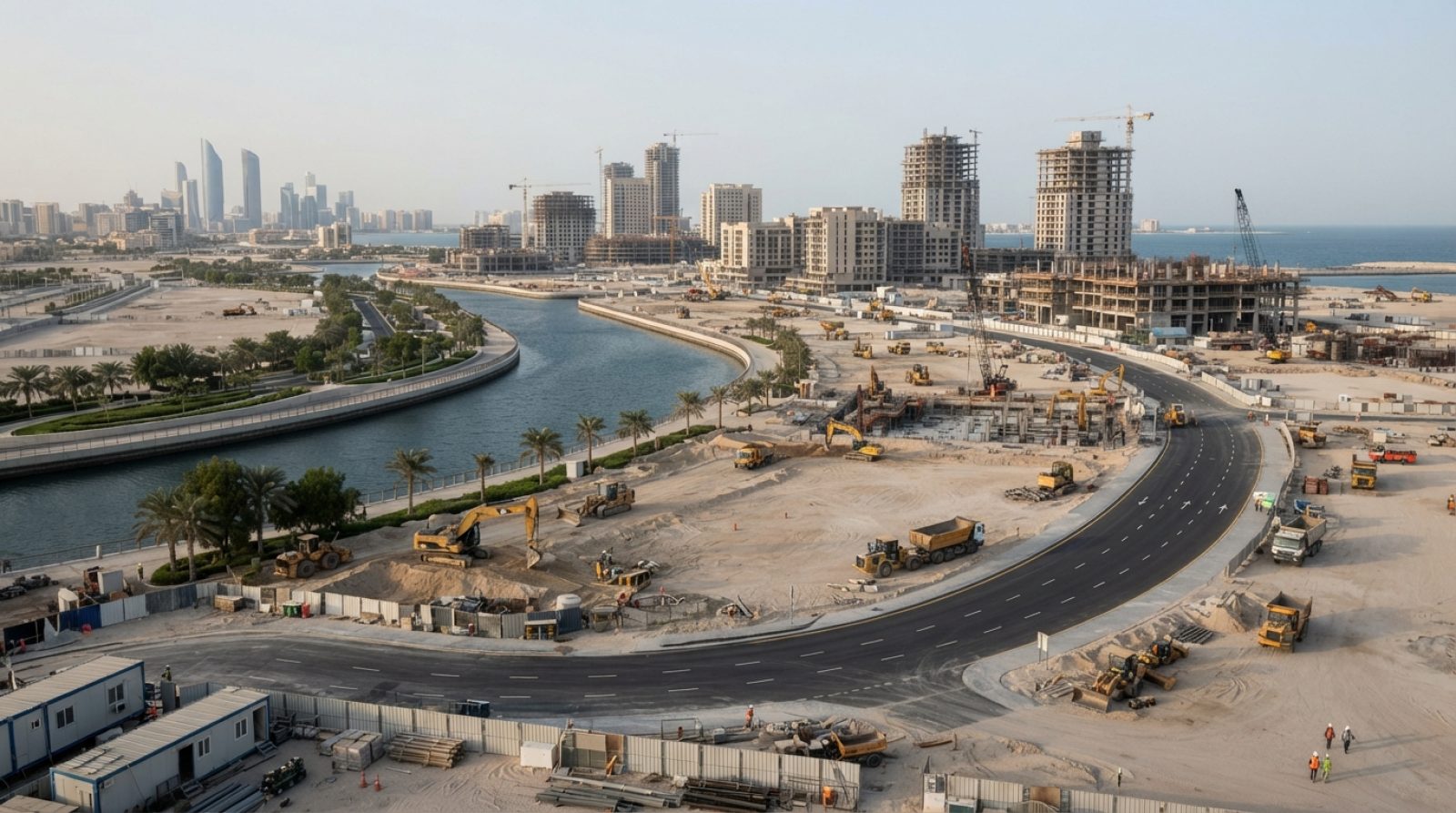 Illustration: Editorial news photograph showing a wide-angle view of a large-scale modern master-planned waterfront construction site in Abu Dhabi wit