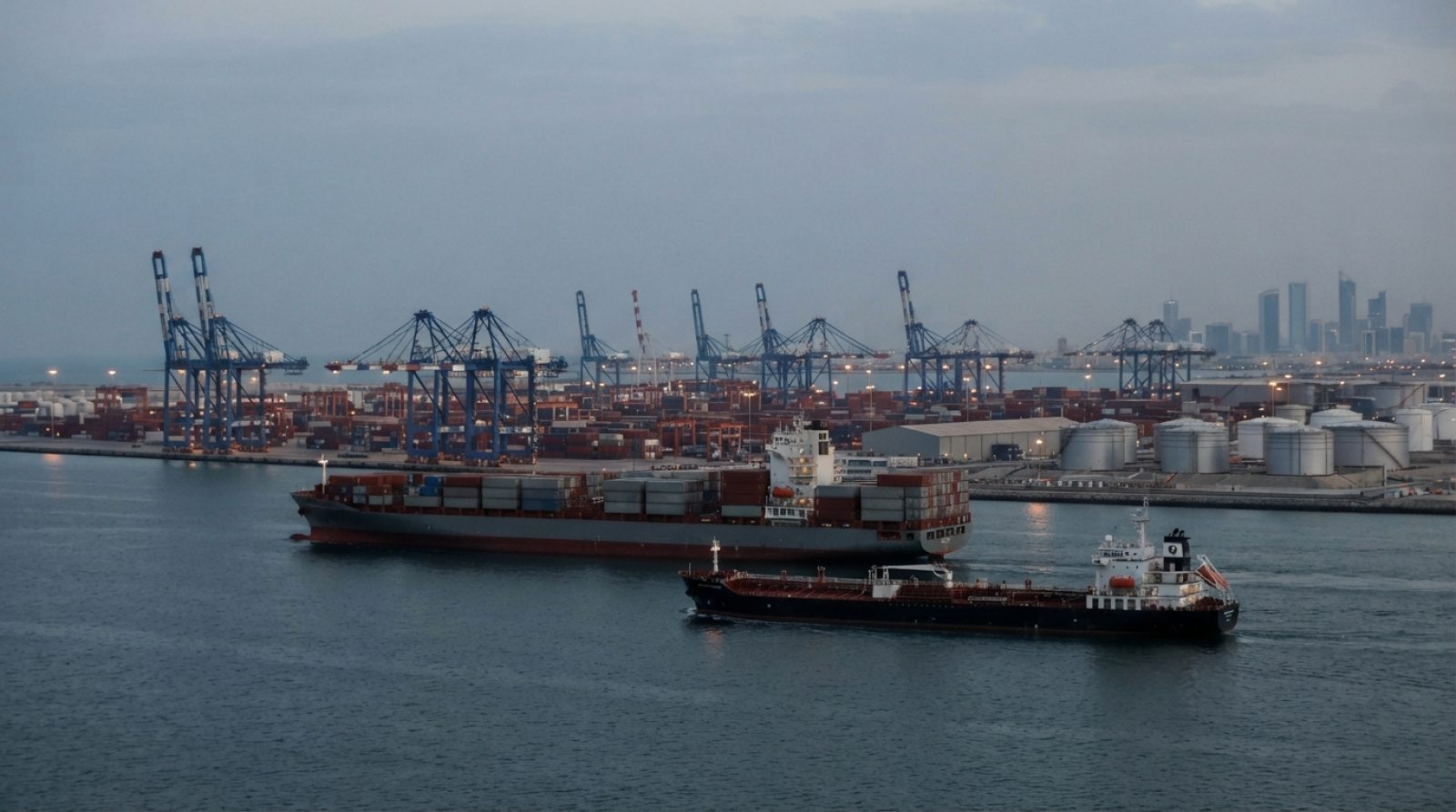Illustration: A commercial cargo vessel and oil tanker sailing through calm international waters near a busy Middle Eastern container terminal at dusk