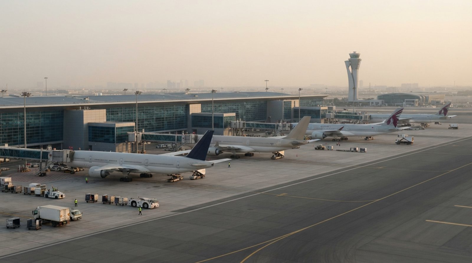 Illustration: A wide-angle view of a large international airport apron in the Gulf region during late afternoon, showing long-haul wide-body commercia