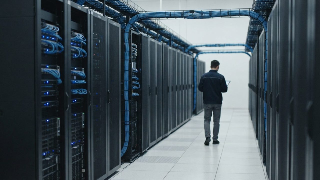 Illustration: A modern high-density data center corridor with rows of server racks, illuminated blue cabling, and clean floor panels, representing int