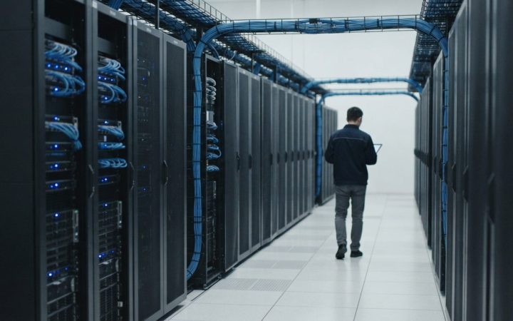 Illustration: A modern high-density data center corridor with rows of server racks, illuminated blue cabling, and clean floor panels, representing int