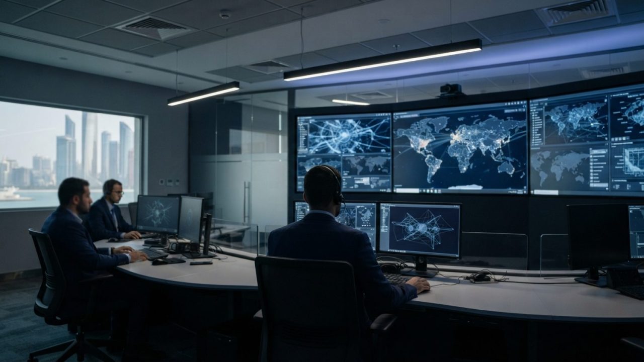 Illustration: A modern corporate cybersecurity operations room in Abu Dhabi, showing professional analysts monitoring abstract digital network data vi