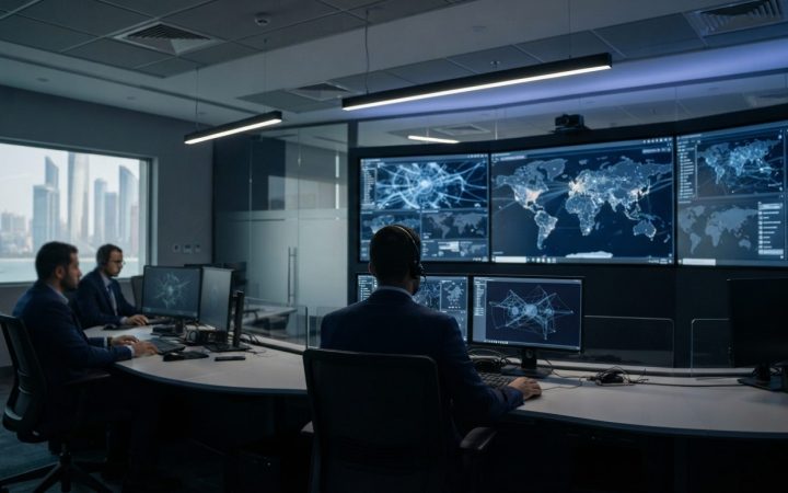 Illustration: A modern corporate cybersecurity operations room in Abu Dhabi, showing professional analysts monitoring abstract digital network data vi