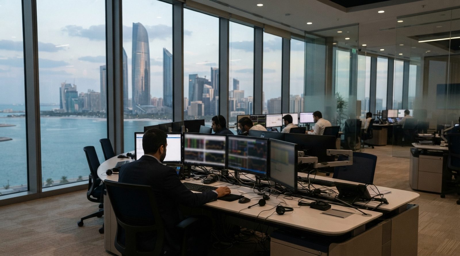 Illustration: A modern corporate treasury and banking trading floor in Abu Dhabi with floor-to-ceiling windows overlooking a Gulf skyline, featuring m