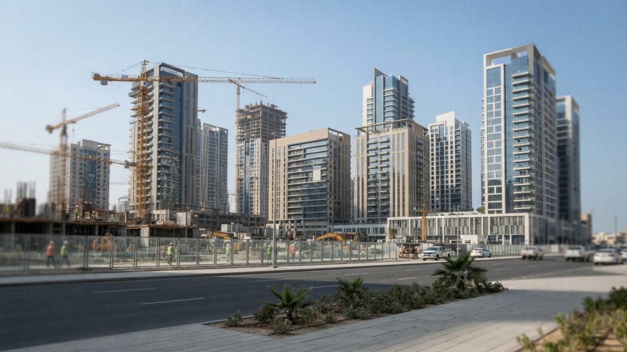 Illustration: A modern commercial real estate development site with modern residential towers and cranes under clear blue skies in the United Arab Emi