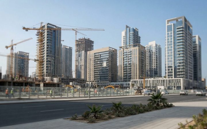 Illustration: A modern commercial real estate development site with modern residential towers and cranes under clear blue skies in the United Arab Emi
