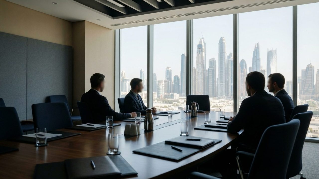 Illustration: A modern corporate legal conference room with a polished dark wood table and notebooks, set against floor-to-ceiling glass windows showi