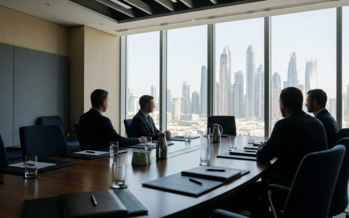 صورة توضيحية: قاعة اجتماعات قانونية مؤسسية حديثة تضم طاولة من الخشب الداكن المصقول ودفاتر ملاحظات، على خلفية نوافذ زجاجية تمتد من الأرض إلى السقف تُظهر