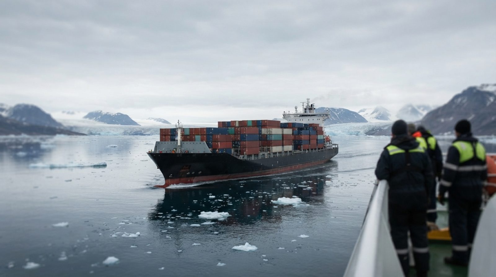 Illustration: A modern commercial container vessel cutting through calm Arctic polar waters with scattered drifting sea ice under a clear, overcast no