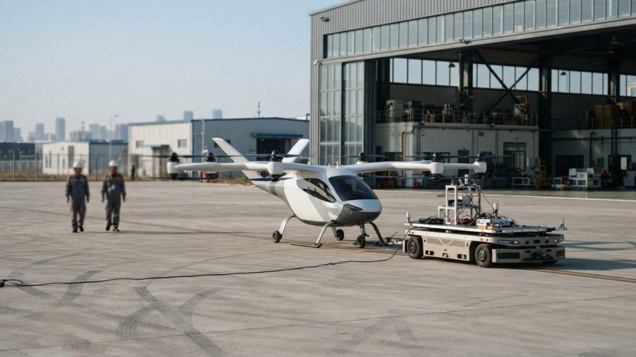 Illustration: A modern electric vertical takeoff and landing aircraft sitting on a testing tarmac under bright daylight, with a sleek modular multi-wh