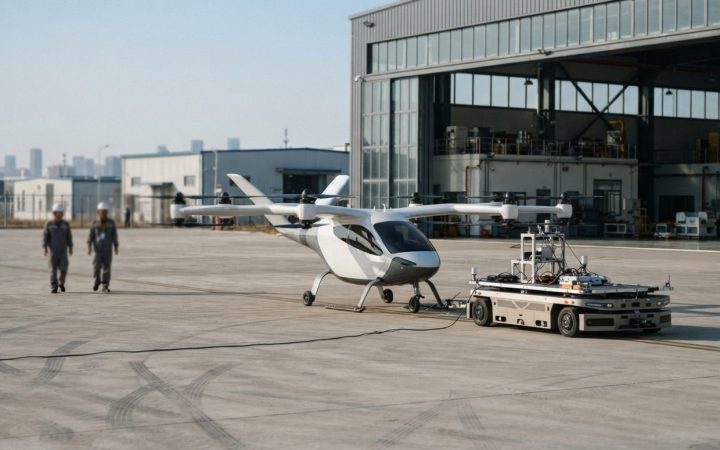 Illustration: A modern electric vertical takeoff and landing aircraft sitting on a testing tarmac under bright daylight, with a sleek modular multi-wh