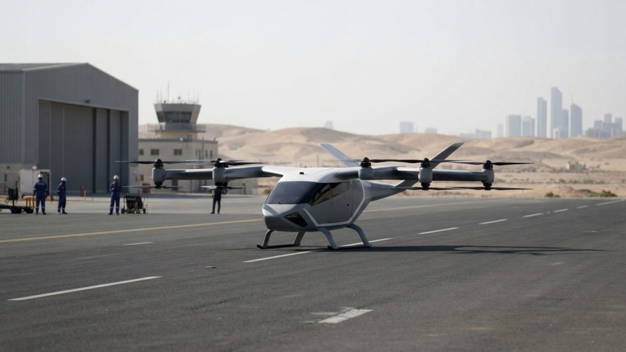 Illustration: A modern futuristic electric vertical takeoff aircraft module resting on an open test runway with desert hills and modern air-traffic in