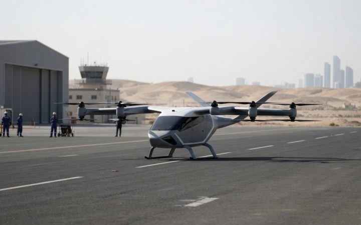 Illustration: A modern futuristic electric vertical takeoff aircraft module resting on an open test runway with desert hills and modern air-traffic in