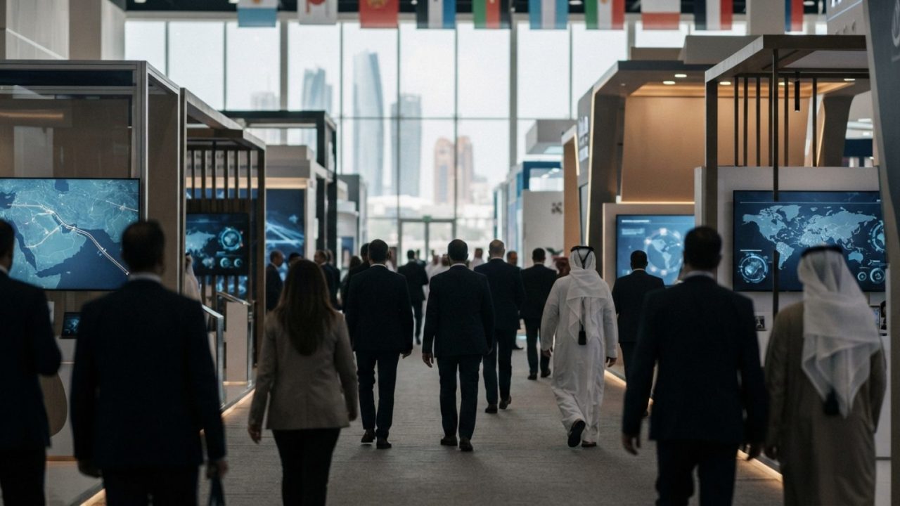 Illustration: A modern, bustling energy industry trade exhibition hall in Abu Dhabi, showing sleek industrial exhibition booths, digital display scree
