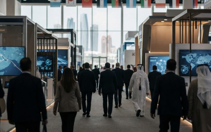 Illustration: A modern, bustling energy industry trade exhibition hall in Abu Dhabi, showing sleek industrial exhibition booths, digital display scree