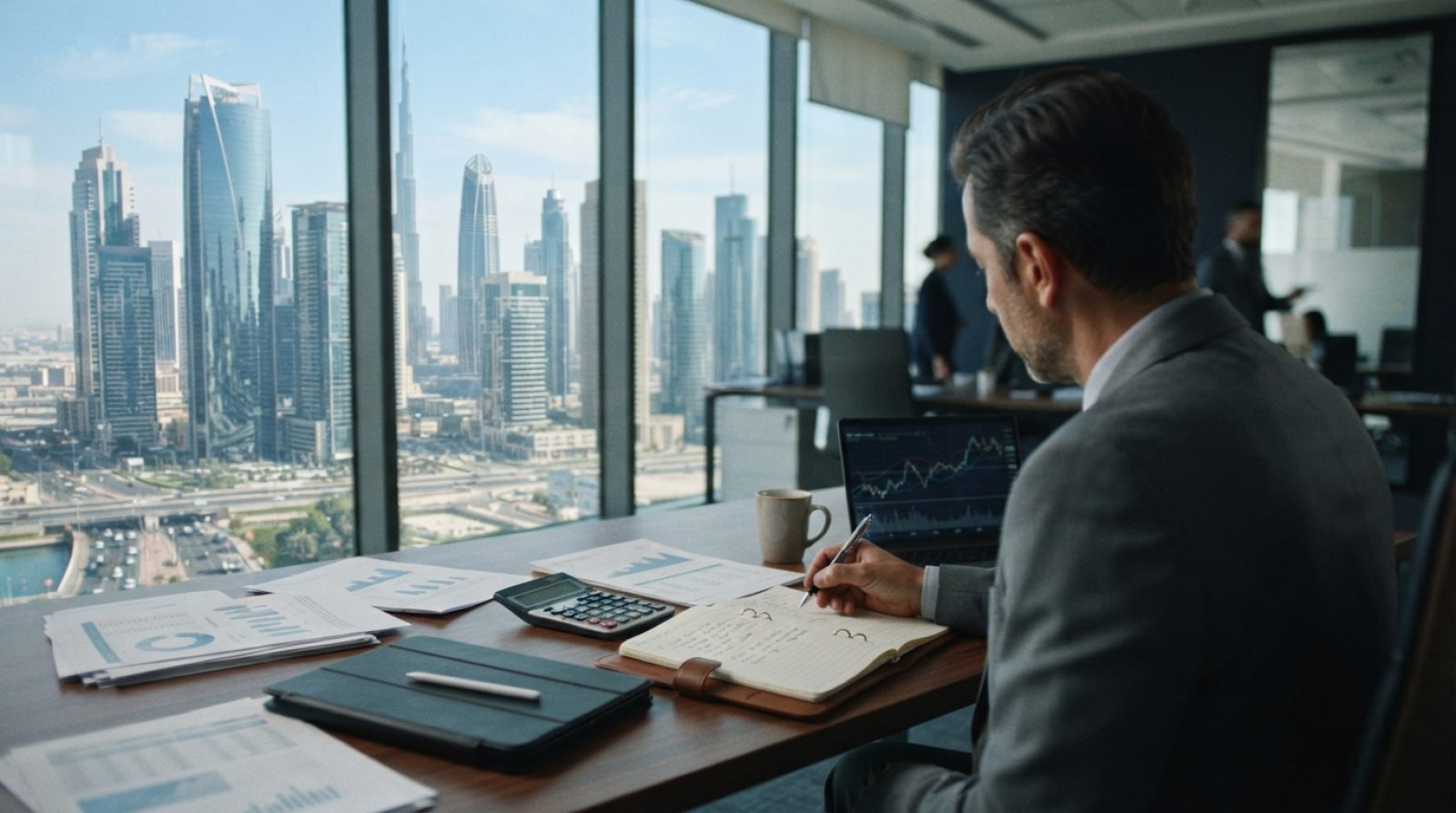 Illustration: A modern corporate office desk setup with financial reports, tax calculation papers, and digital tablets, set against a backdrop of mode