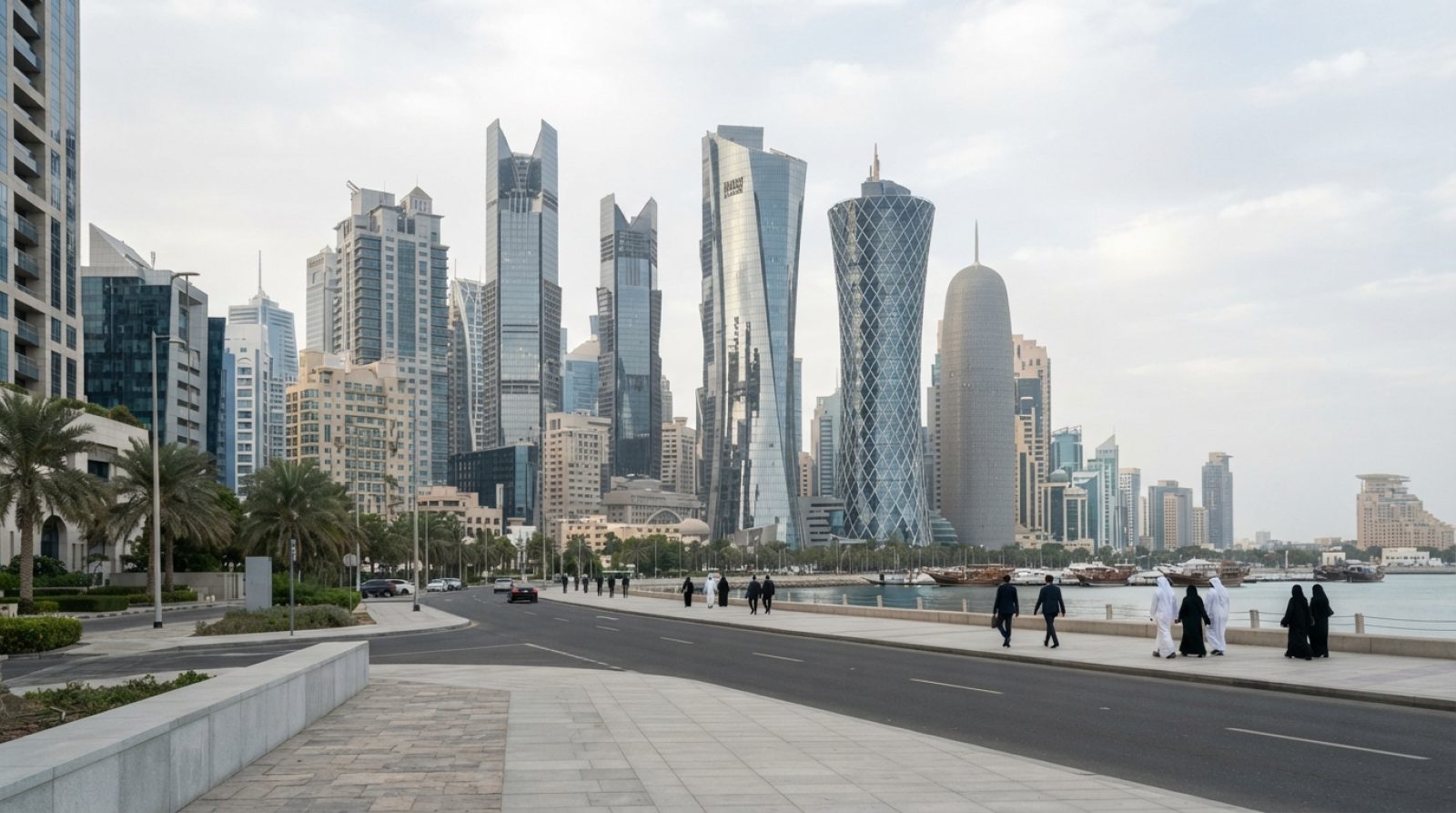 Illustration: Modern banking and financial skyscraper district in Doha with glass facades reflecting daylight, viewed from street level