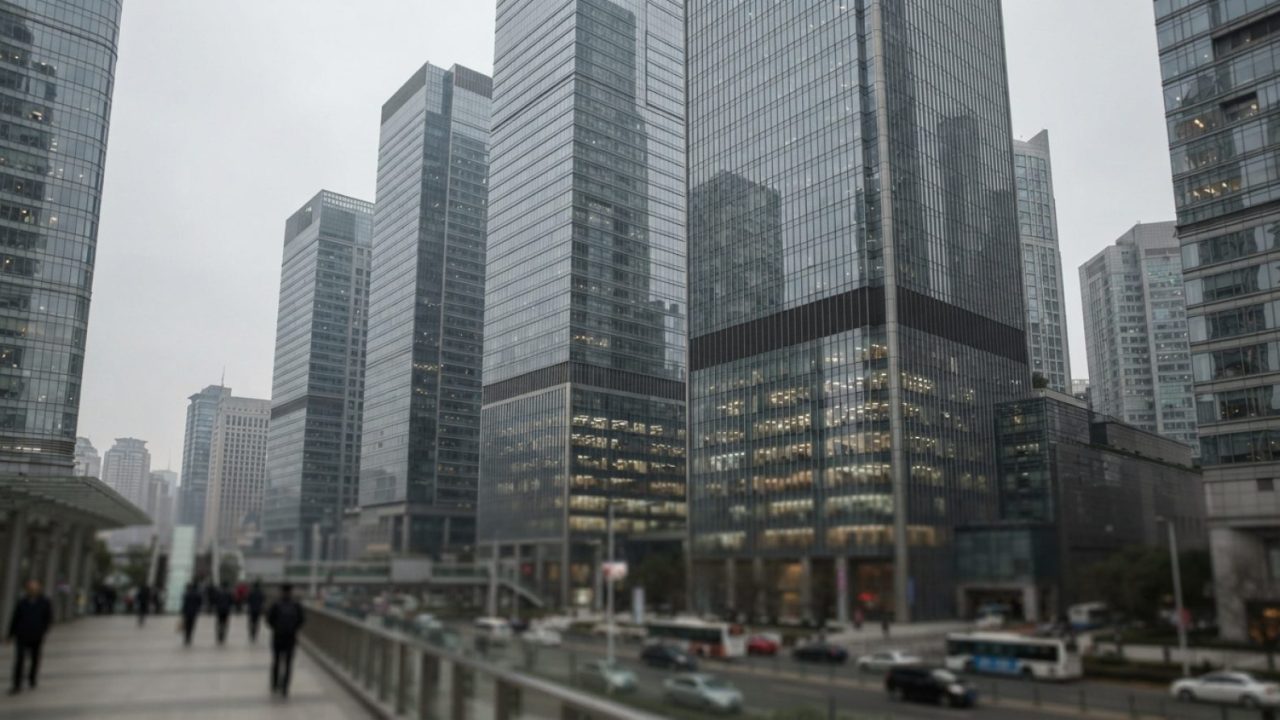 Illustration: Editorial photograph showing modern commercial bank skyscrapers in an international financial centre under an overcast sky, with reflect