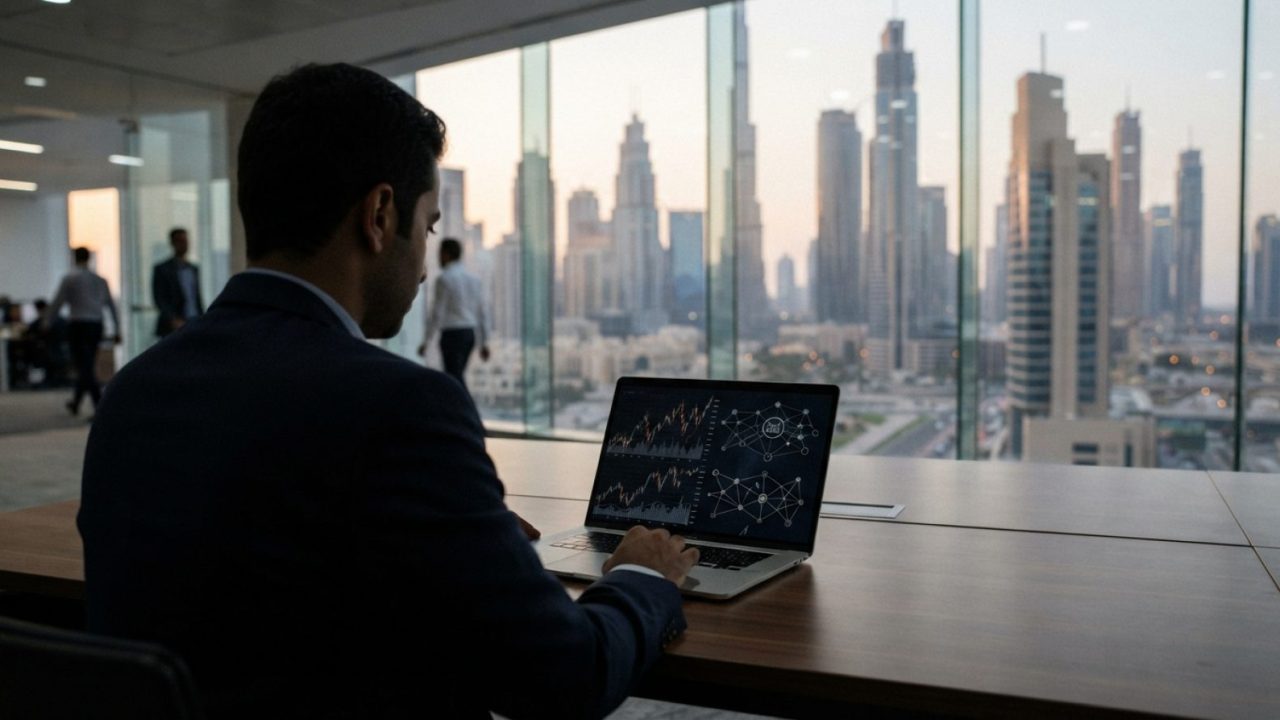 Illustration: A modern corporate office interior in the Dubai International Financial Centre with glass walls overlooking modern financial towers, fea