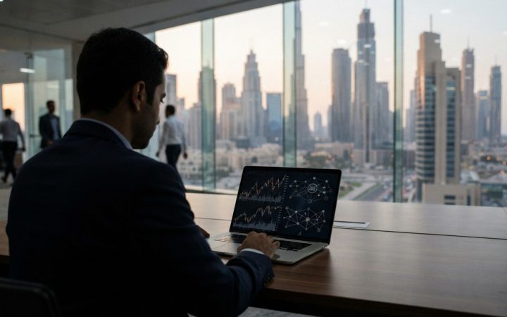 Illustration: A modern corporate office interior in the Dubai International Financial Centre with glass walls overlooking modern financial towers, fea