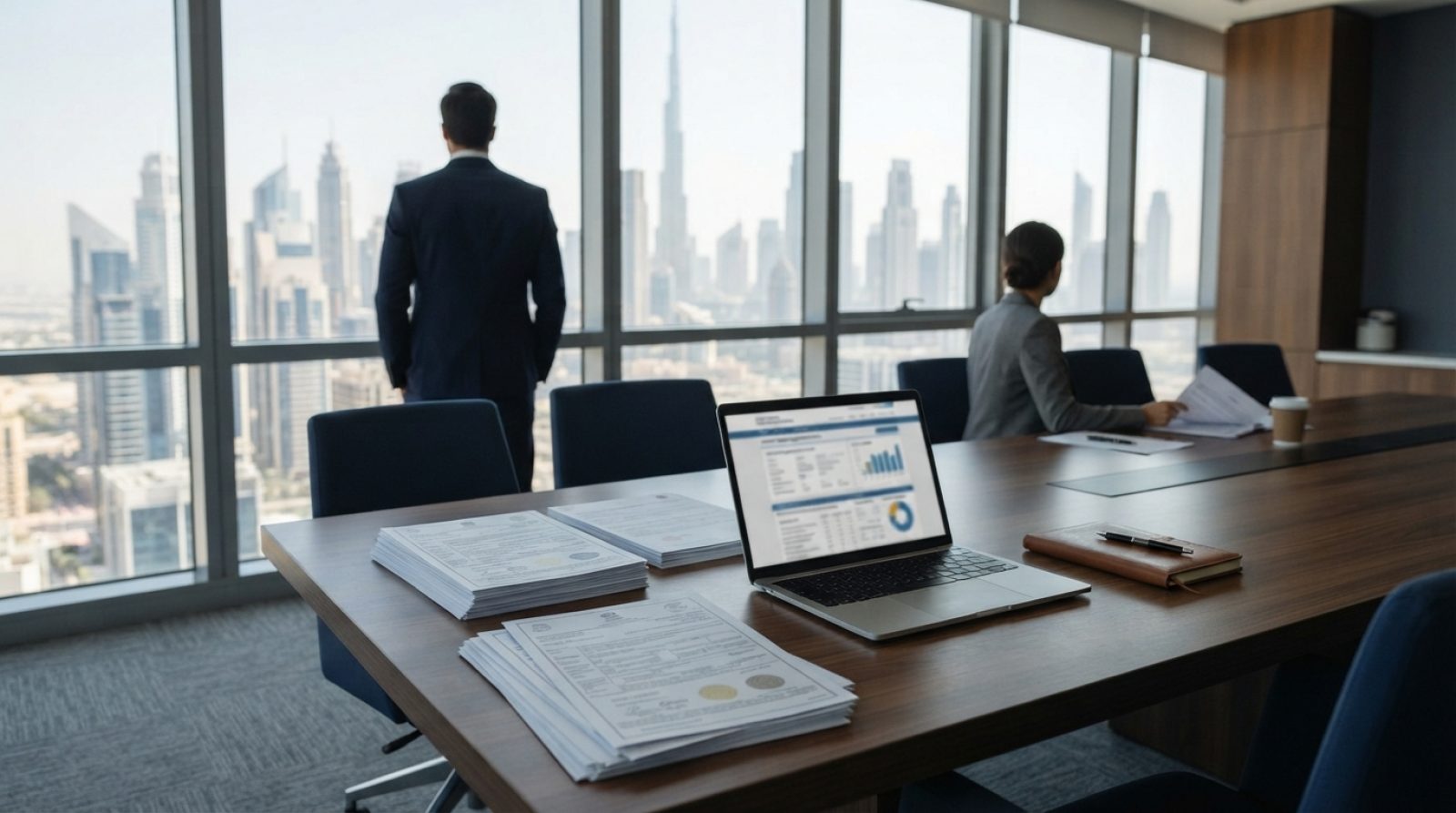 Illustration: Editorial photograph of a modern corporate business registration and legal advisory office in Dubai, featuring clean wooden conference d
