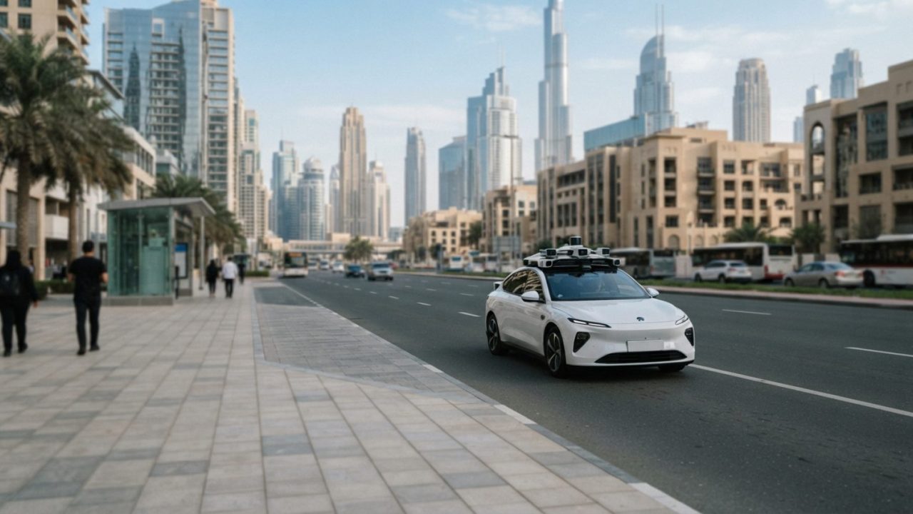 Illustration: A modern autonomous white electric vehicle equipped with roof-mounted LiDAR sensors and cameras navigating a wide urban boulevard in Dub
