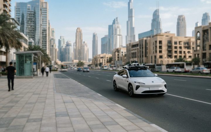 Illustration: A modern autonomous white electric vehicle equipped with roof-mounted LiDAR sensors and cameras navigating a wide urban boulevard in Dub