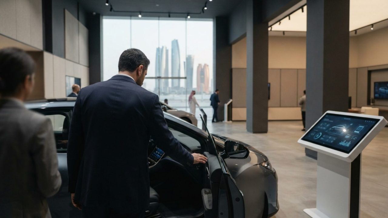 Illustration: Editorial photo of a sleek modern electric vehicle showroom with high-tech interactive digital display consoles and minimalist interior