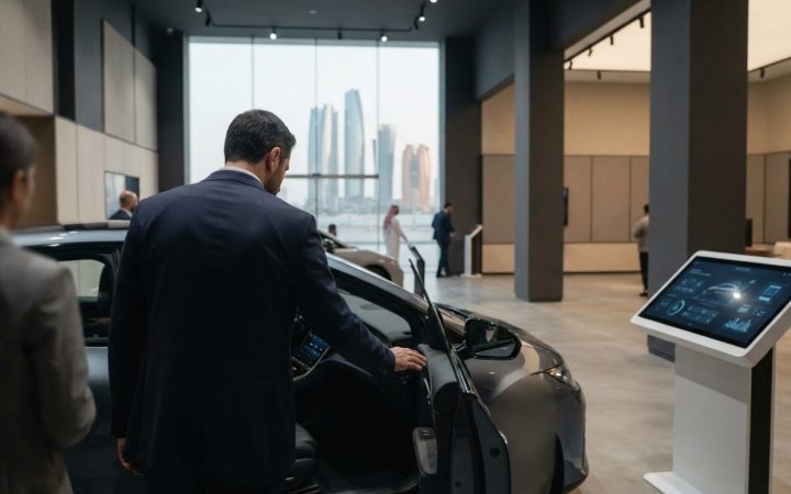 Illustration: Editorial photo of a sleek modern electric vehicle showroom with high-tech interactive digital display consoles and minimalist interior