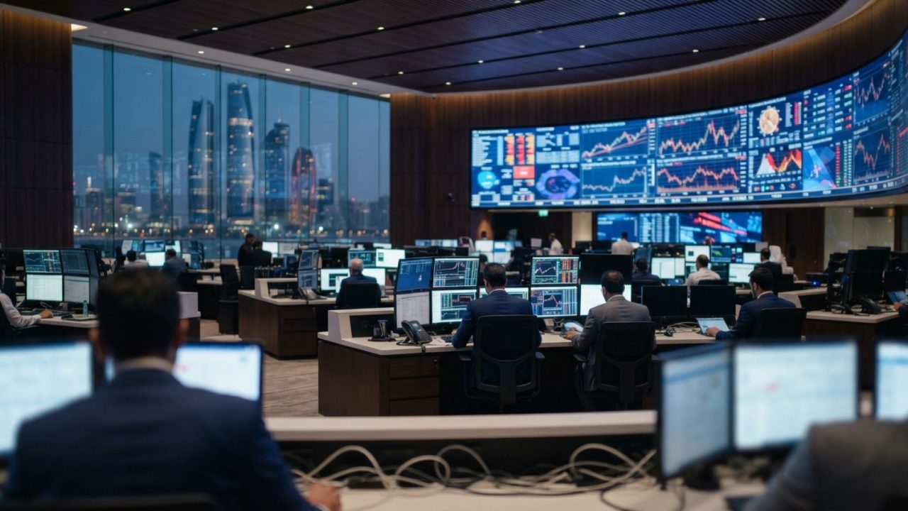 Illustration: A modern financial trading floor and digital stock exchange display in a sleek Middle Eastern financial centre, showing market data char