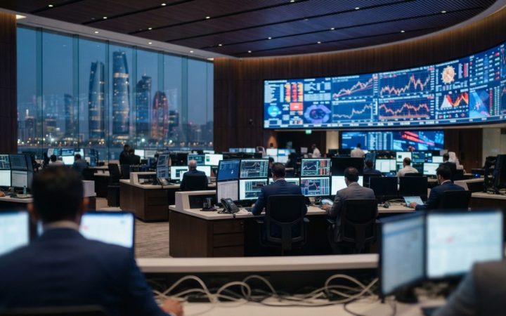 Illustration: A modern financial trading floor and digital stock exchange display in a sleek Middle Eastern financial centre, showing market data char