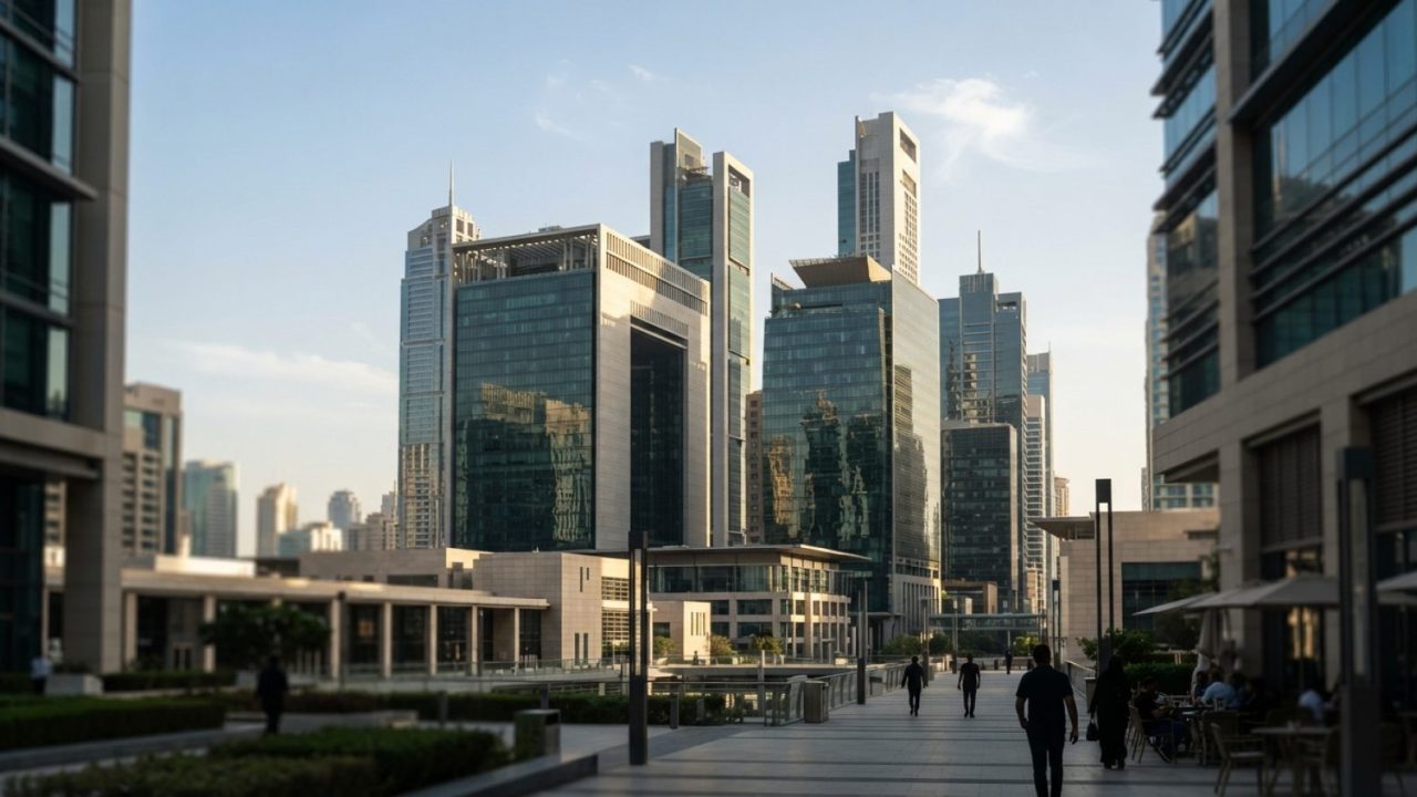 Illustration: Editorial photograph showing modern financial skyscrapers in Dubai International Financial Centre with glass facades under clear afterno