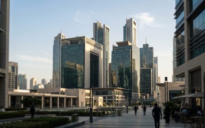 Illustration: Editorial photograph showing modern financial skyscrapers in Dubai International Financial Centre with glass facades under clear afterno