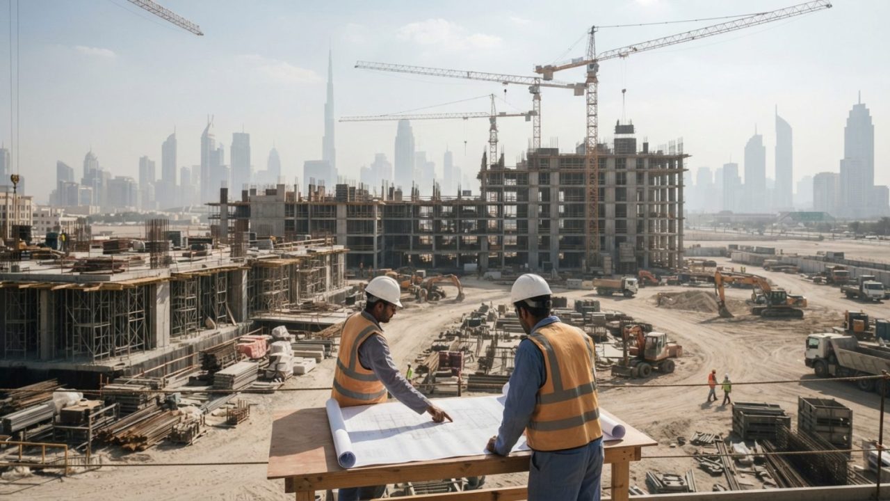 Illustration: A realistic editorial photograph of a large commercial and residential construction site in Dubai during daylight, featuring cranes, str
