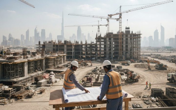 Illustration: A realistic editorial photograph of a large commercial and residential construction site in Dubai during daylight, featuring cranes, str