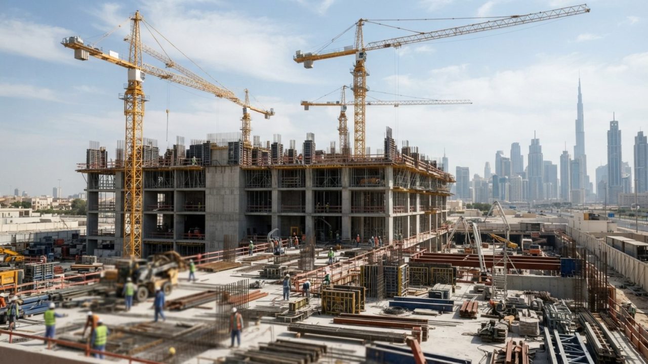 Illustration: A modern real estate construction site in Dubai showing structural concrete work and towering yellow cranes under bright daylight with t