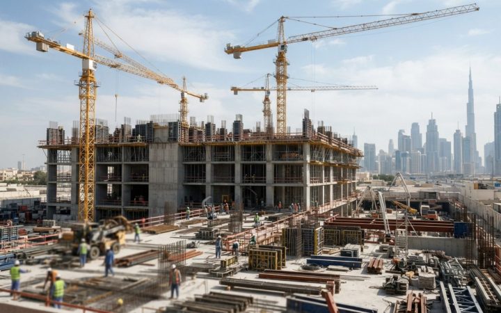 Illustration: A modern real estate construction site in Dubai showing structural concrete work and towering yellow cranes under bright daylight with t