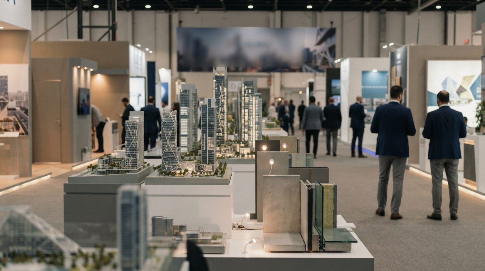 Illustration: A modern exhibition hall interior at an international trade show in Dubai, showing scale architectural models and modern building constr