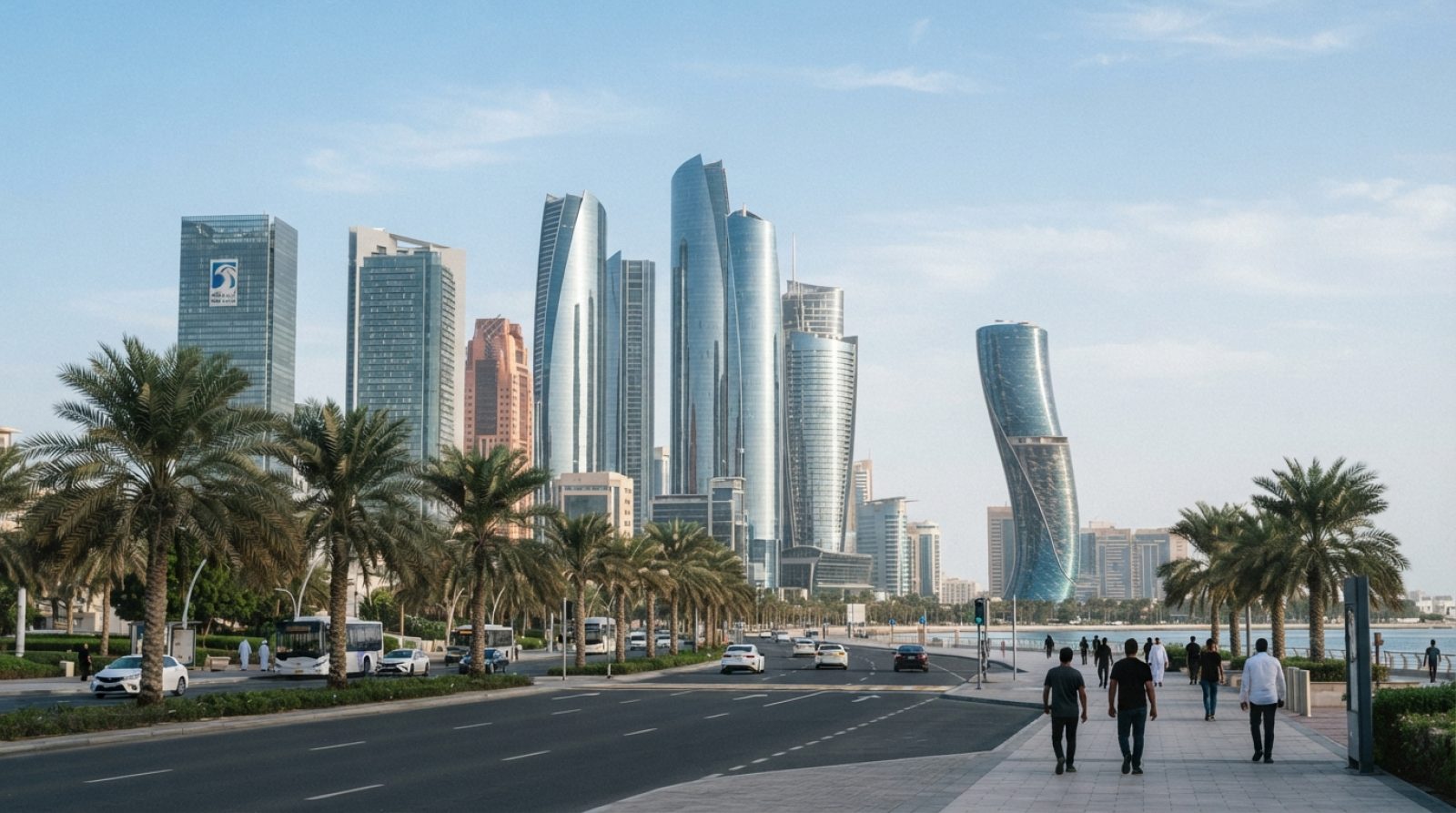 Illustration: A modern financial and technology district skyline in Abu Dhabi under clear daylight, featuring futuristic glass commercial towers and d
