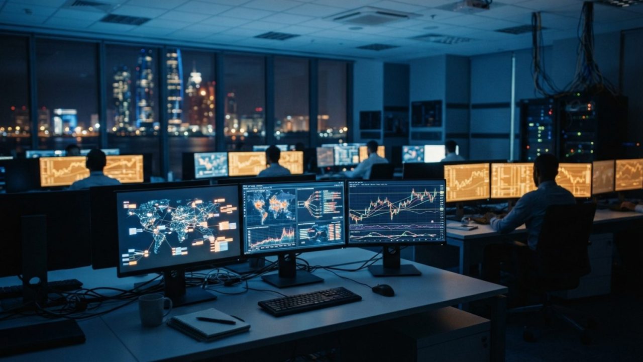 Illustration: A modern digital financial operations centre at night with multiple computer monitors displaying abstract financial charts, blockchain n