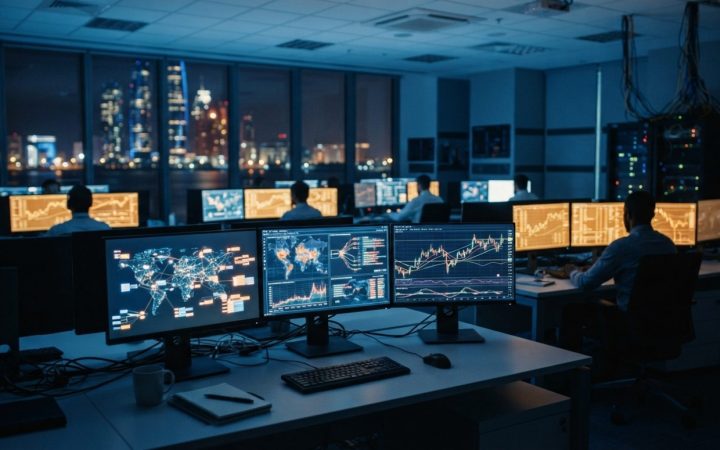 Illustration: A modern digital financial operations centre at night with multiple computer monitors displaying abstract financial charts, blockchain n