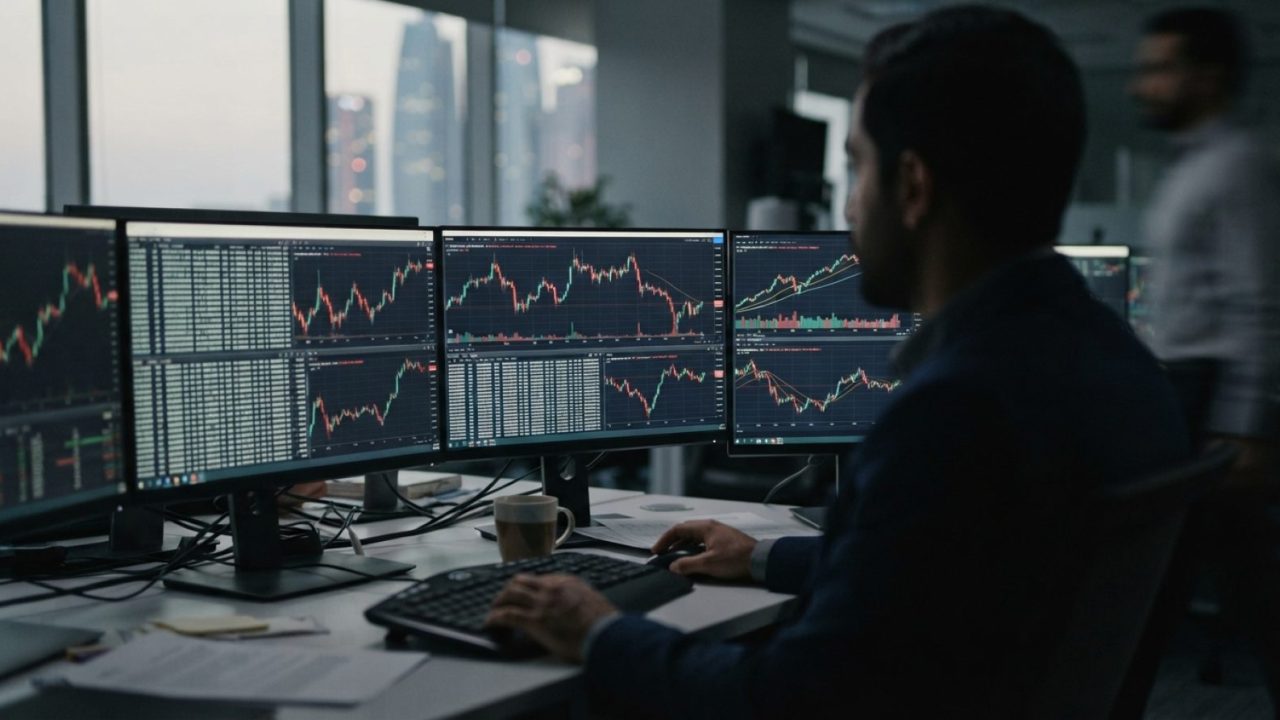 Illustration: A close-up view of multiple illuminated computer monitors displaying digital financial market graphs, cryptocurrency price charts, and b