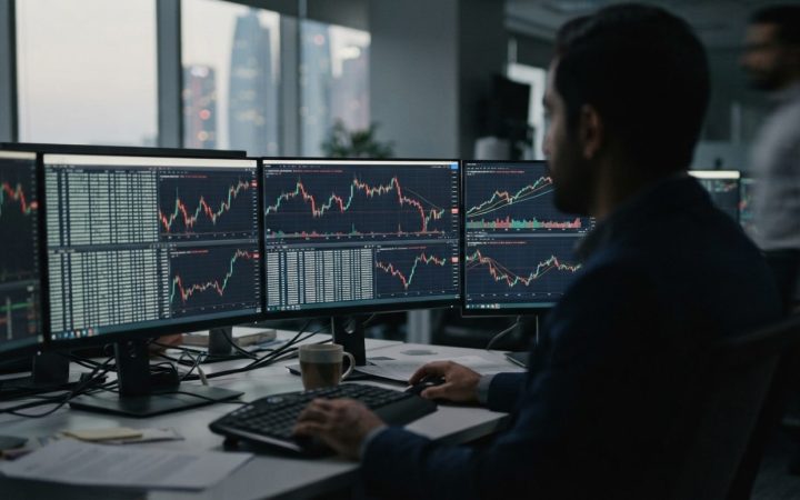 Illustration: A close-up view of multiple illuminated computer monitors displaying digital financial market graphs, cryptocurrency price charts, and b