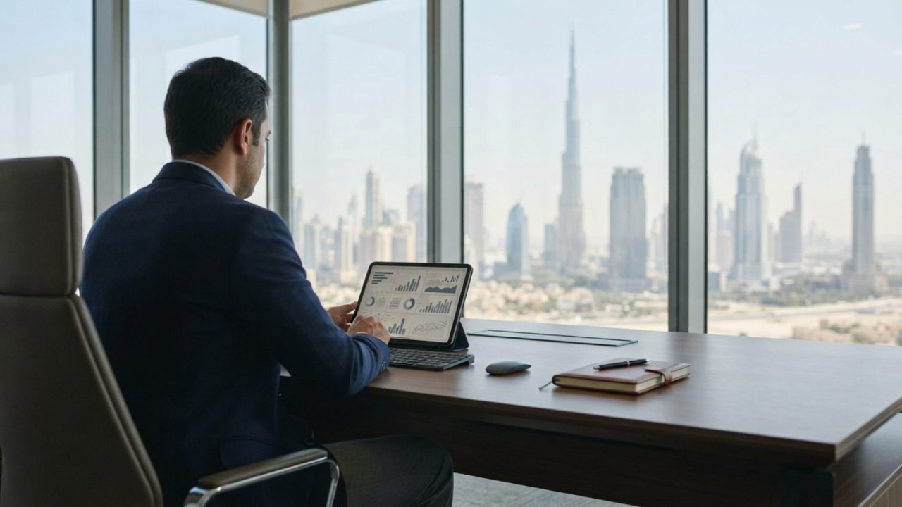 Illustration: A modern corporate office desk in Dubai with a tablet displaying data analytics and regulatory compliance charts, with floor-to-ceiling