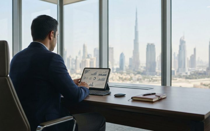 Illustration: A modern corporate office desk in Dubai with a tablet displaying data analytics and regulatory compliance charts, with floor-to-ceiling