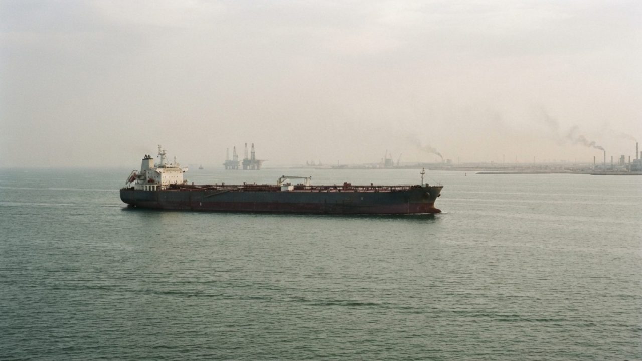 Illustration: A commercial oil tanker sailing on the Persian Gulf waters near the coastline under hazy daylight, with calm sea waves and distant indus