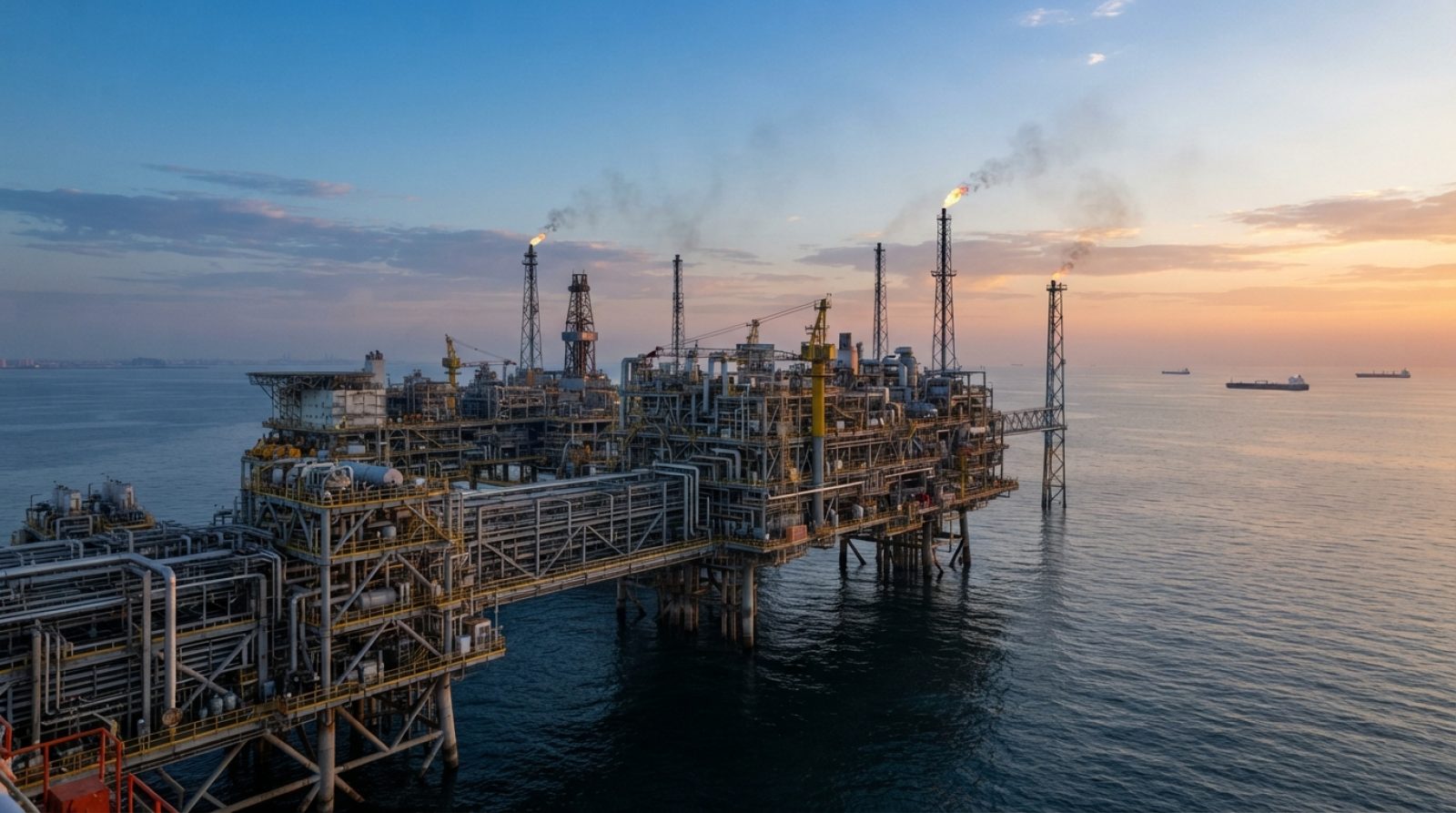 Illustration: An extensive offshore natural gas extraction and processing platform in the Persian Gulf at dawn, featuring industrial piping, flare tow