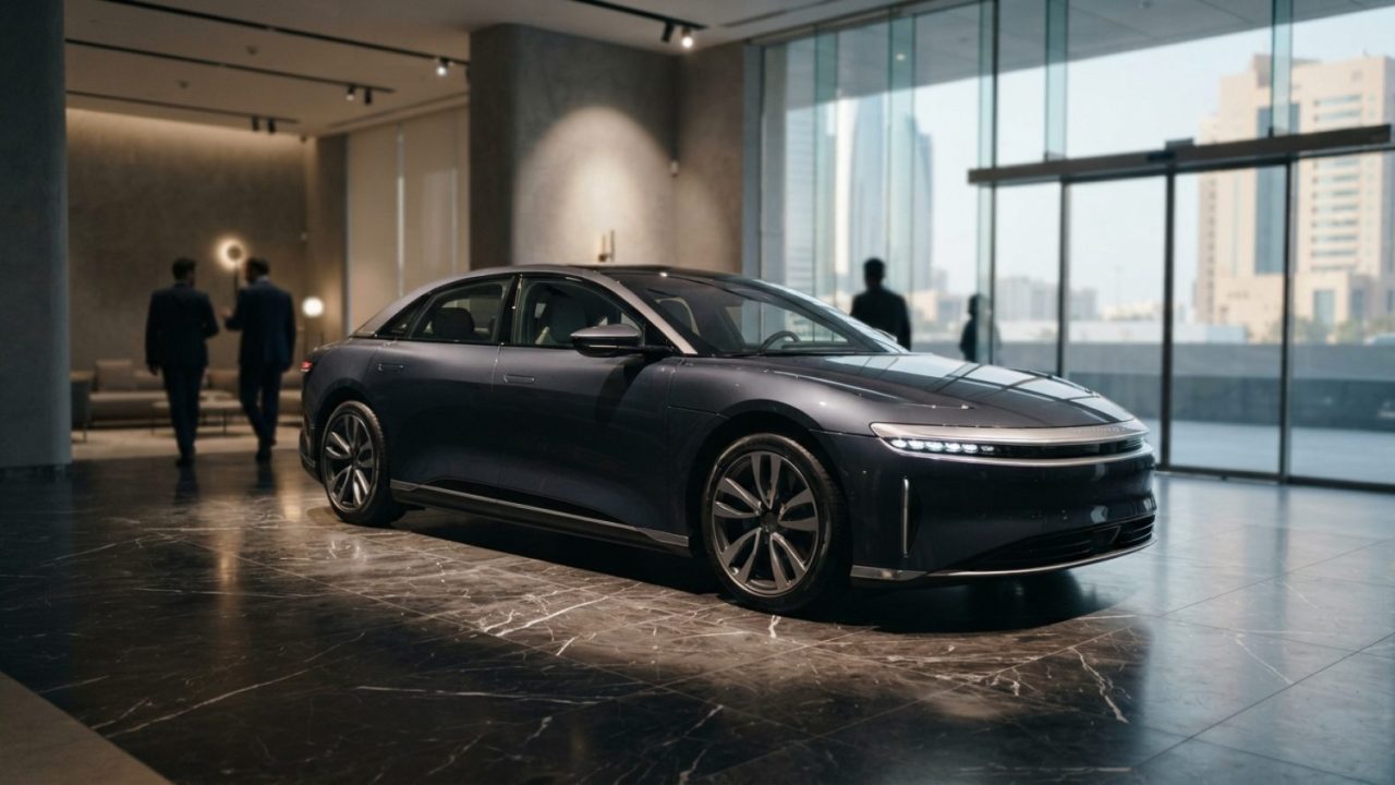 Illustration: A modern full-size luxury electric executive sedan displayed inside a high-end contemporary automotive showroom in the UAE, with dramati
