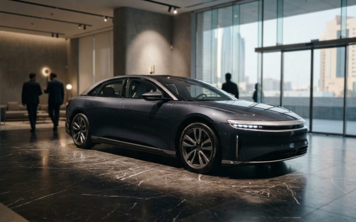 Illustration: A modern full-size luxury electric executive sedan displayed inside a high-end contemporary automotive showroom in the UAE, with dramati